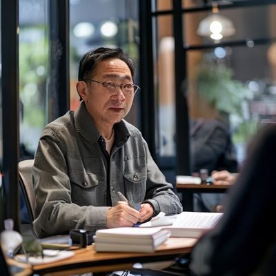 张浩先生，用户体验研究员，在用户访谈室内认真倾听受访者讲述，桌上摆放着访谈记录本与录音设备，体现出严谨细致的研究态度与对用户真实需求的深度关注