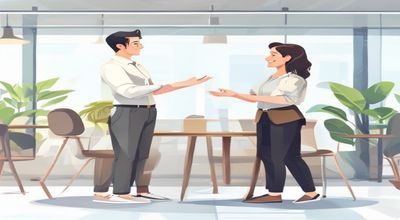 现代办公室内年轻男性与中年女性进行平等对话，职场背景下的代际沟通，年轻的岳母与女婿建立尊重关系