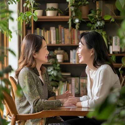 陈欣女士，家庭生活顾问，在温馨的咨询室内与来访者面对面交流，背景为书架与绿植，营造出安全放松的咨询氛围，体现出专业与温度并重的服务理念